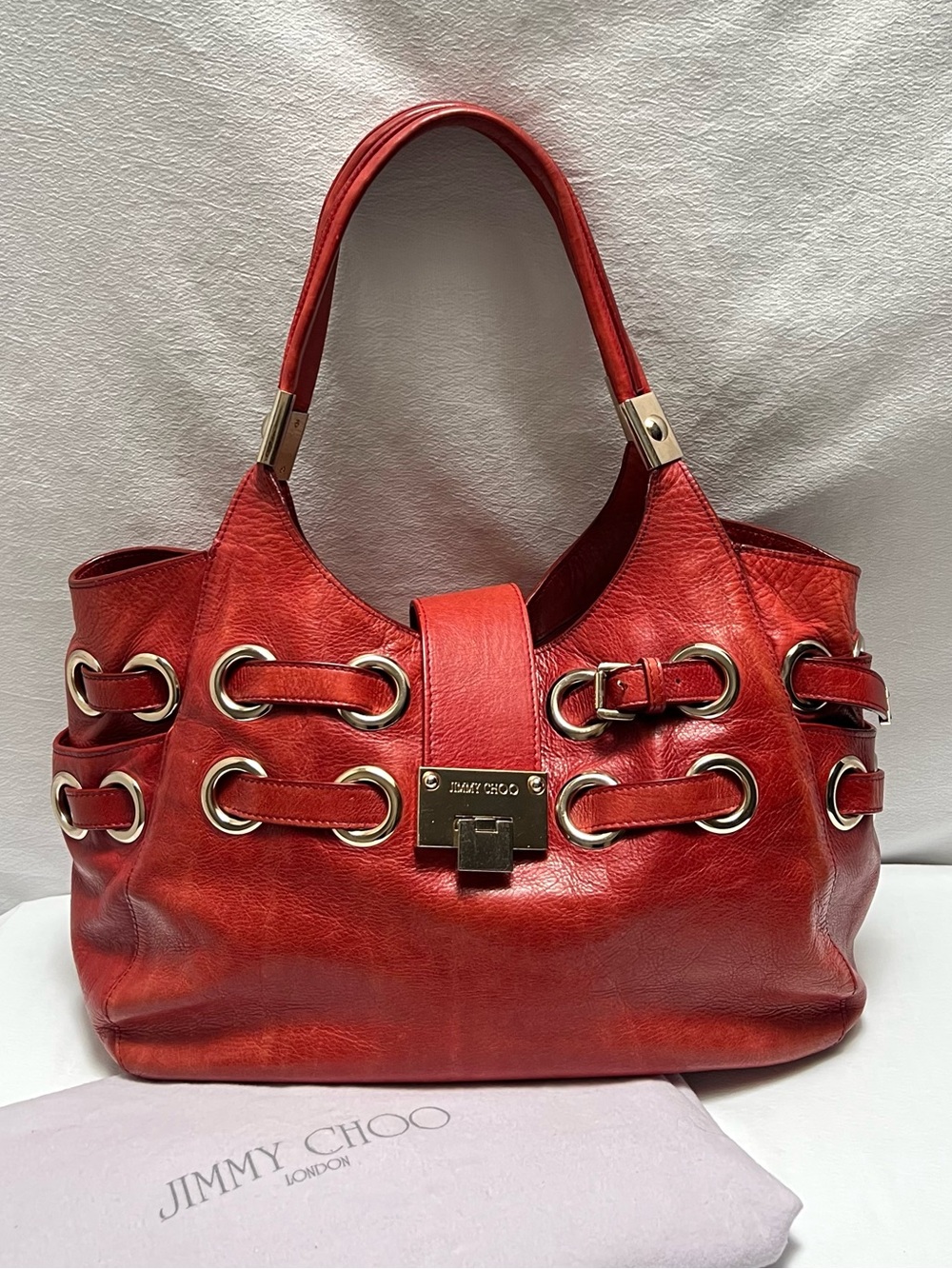 Authentic Red Leather Jimmy Choo Buckle Shoulder Bag With Dust Bag - Picture 2 of 15